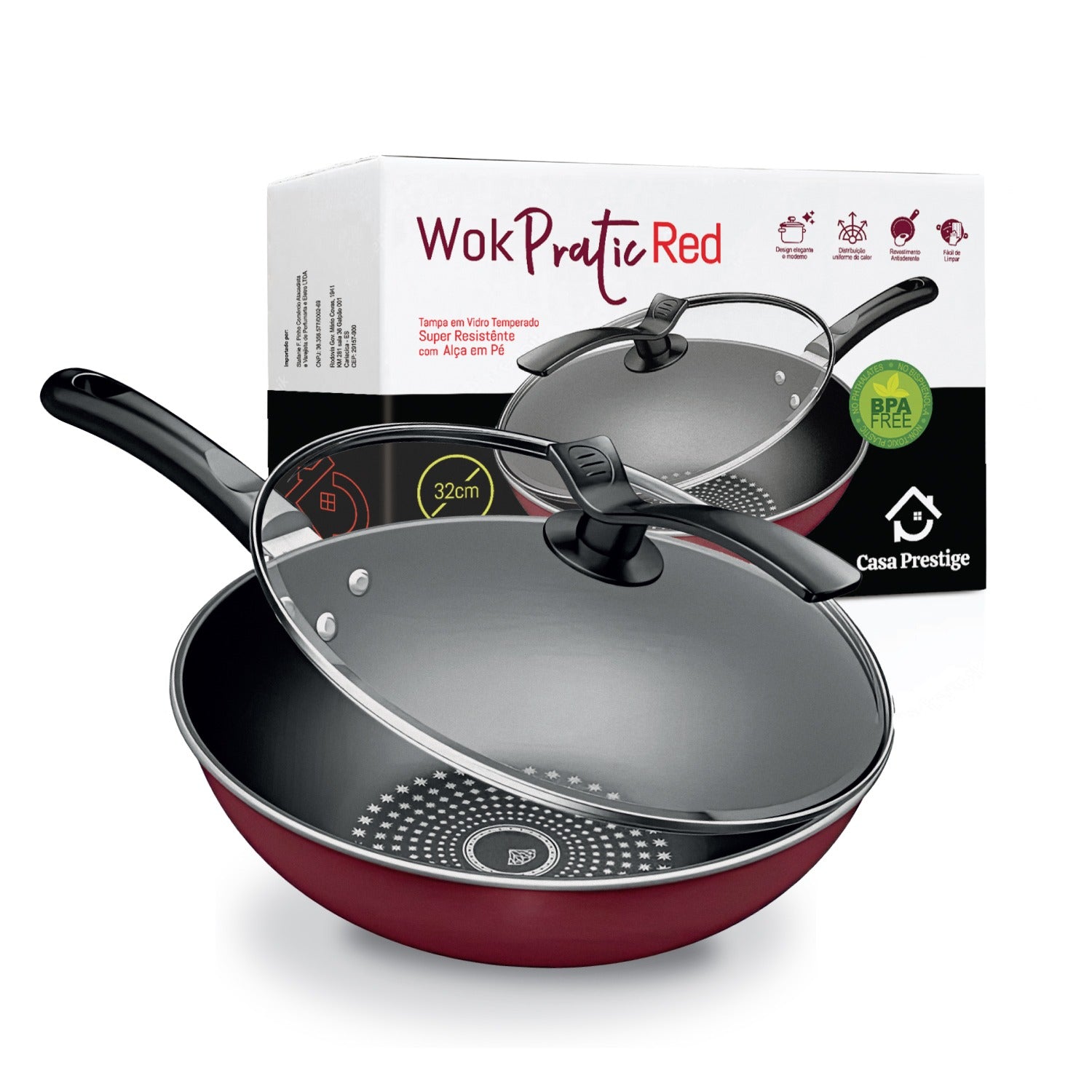 Wok Panela Antiaderente 32cm Vermelha Tampa Vidro 5 litros