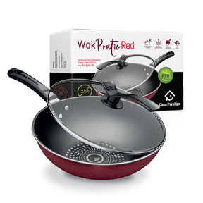 Panela Wok Antiaderente 5 litros Vermelha com Tampa 32cm