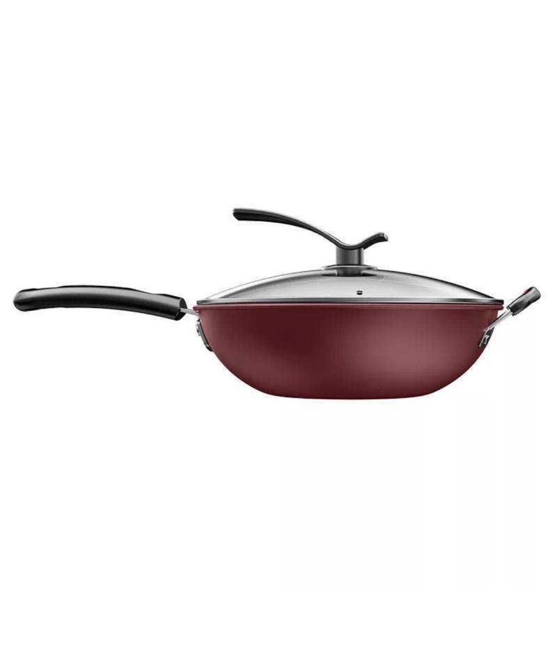 Wok Panela Antiaderente 32cm Vermelha Tampa Vidro 5 litros