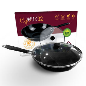 Panela Wok Preto Antiaderente 5L com tampa de vidro 32cm