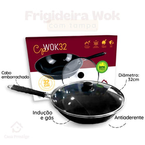 Panela Wok Preto Antiaderente 5L com tampa de vidro 32cm