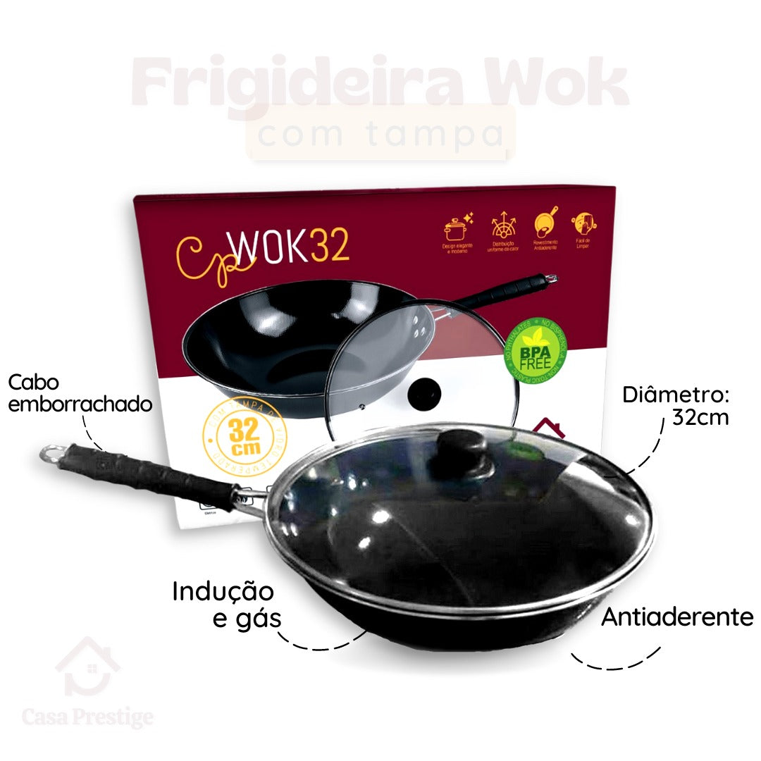 Panela Wok Preto Antiaderente 32cm Cabo Emborrachado