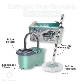 Esfregão Mop Inox Balde 7 litros Rodinhas e Refil Microfibra