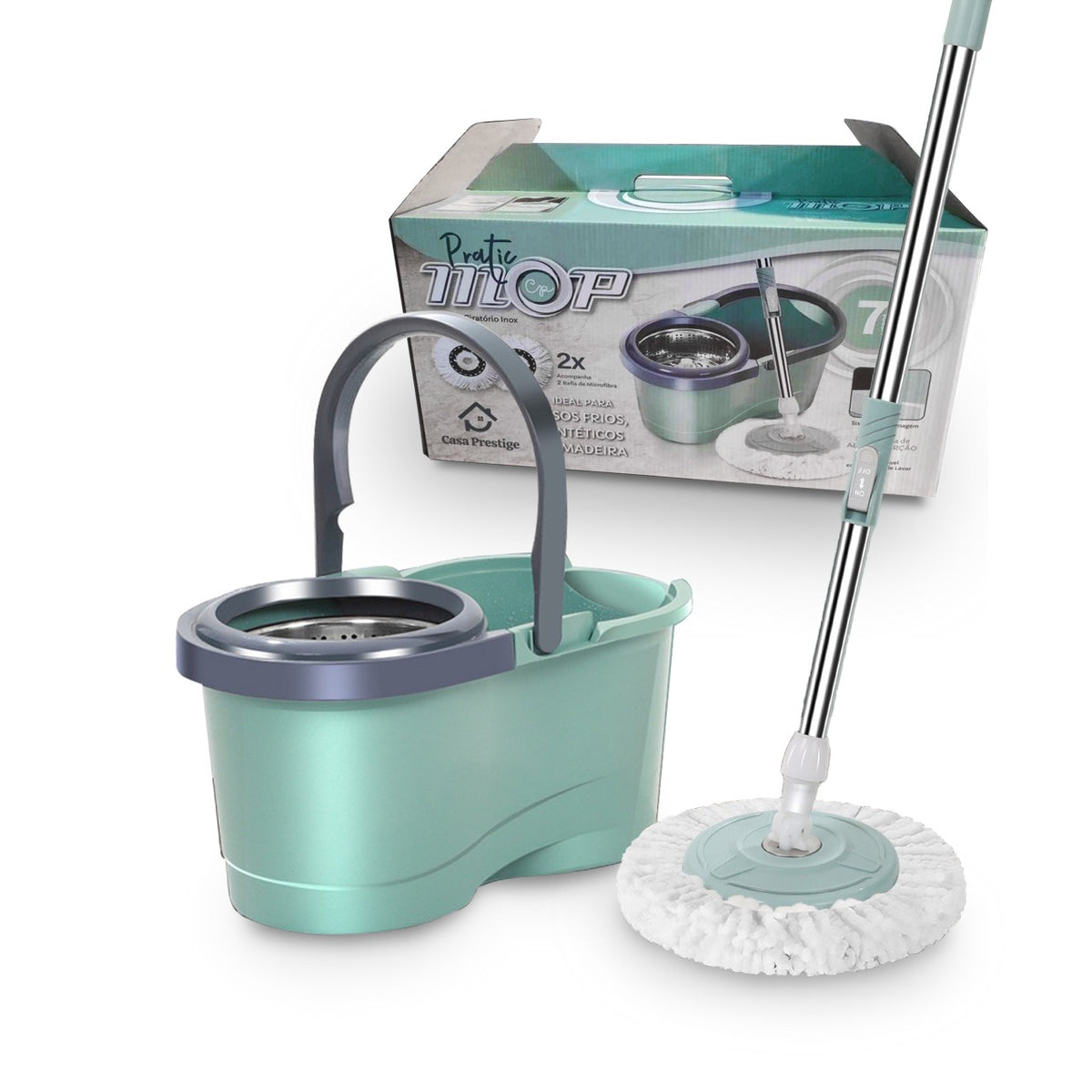 Vassoura Mop Giratório Inox Com Balde 7l e Refil Microfibra