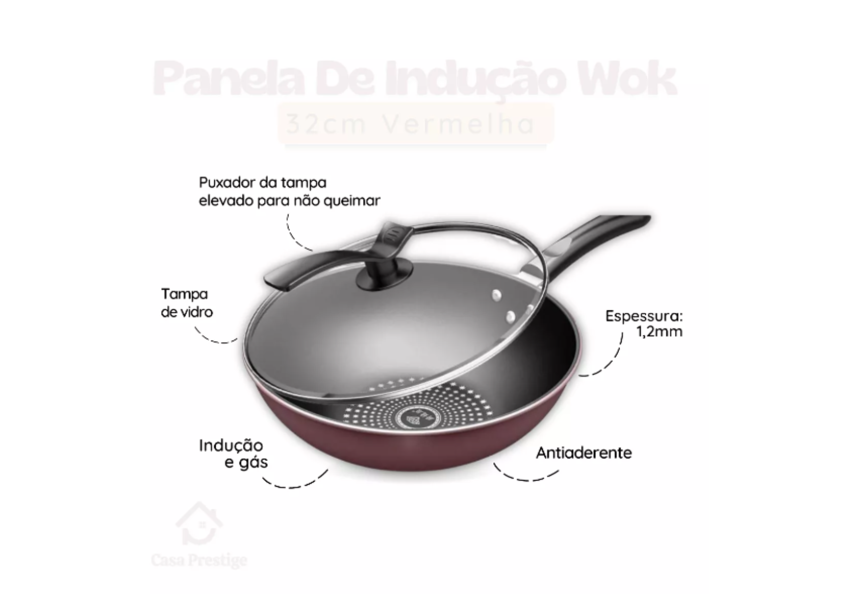 Jogo de Panelas Vermelhas Wok Com Tampa Antiaderente