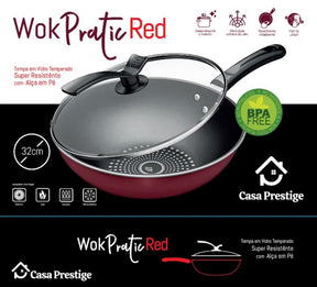 Wok Panela Antiaderente 32cm Vermelha Tampa Vidro 5 litros