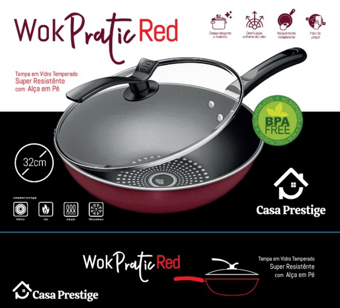 Panela Wok Antiaderente 5 litros Vermelha com Tampa 32cm