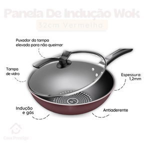 Wok Panela Antiaderente 32cm Vermelha Tampa Vidro 5 litros