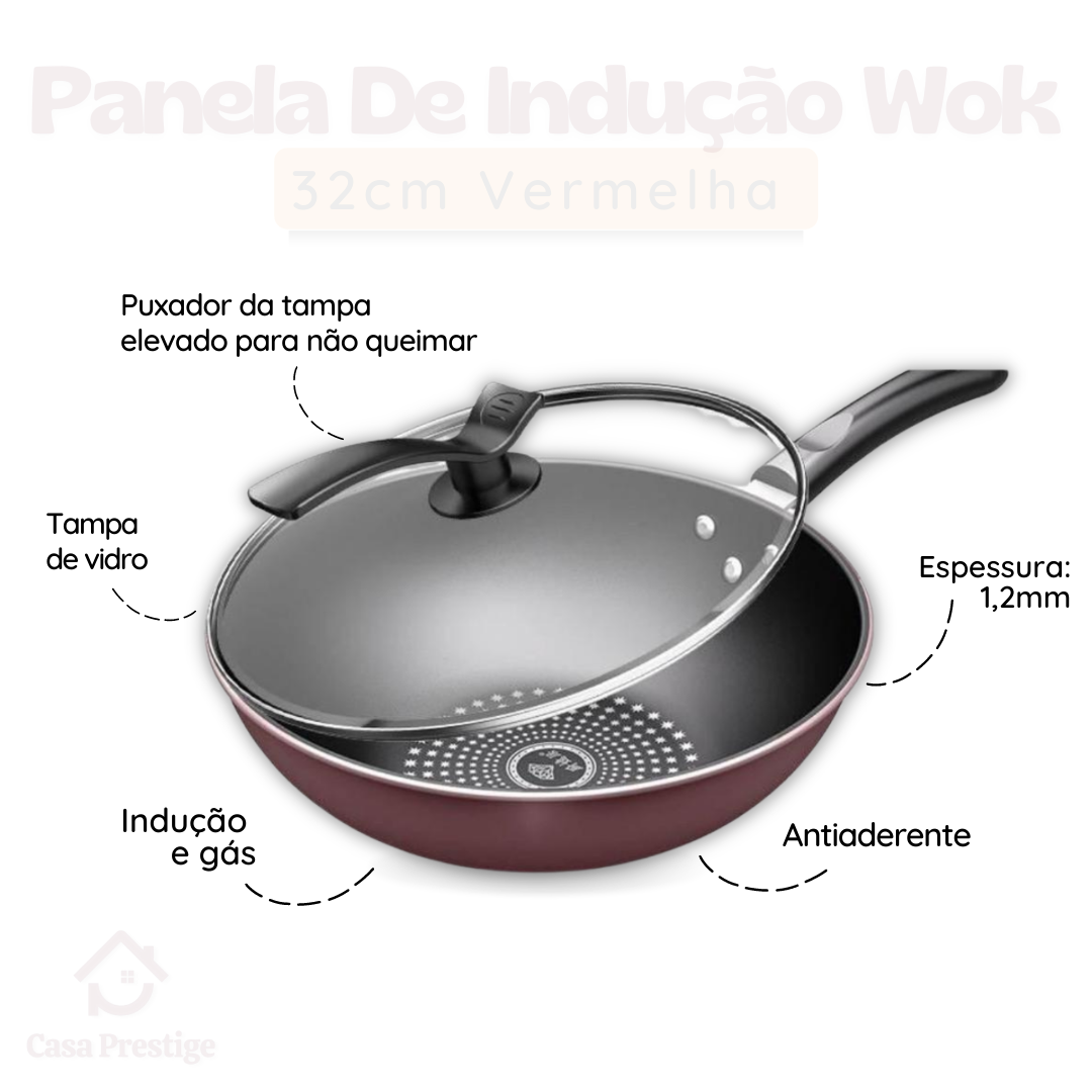 Panela Wok Antiaderente 5 litros Vermelha com Tampa 32cm