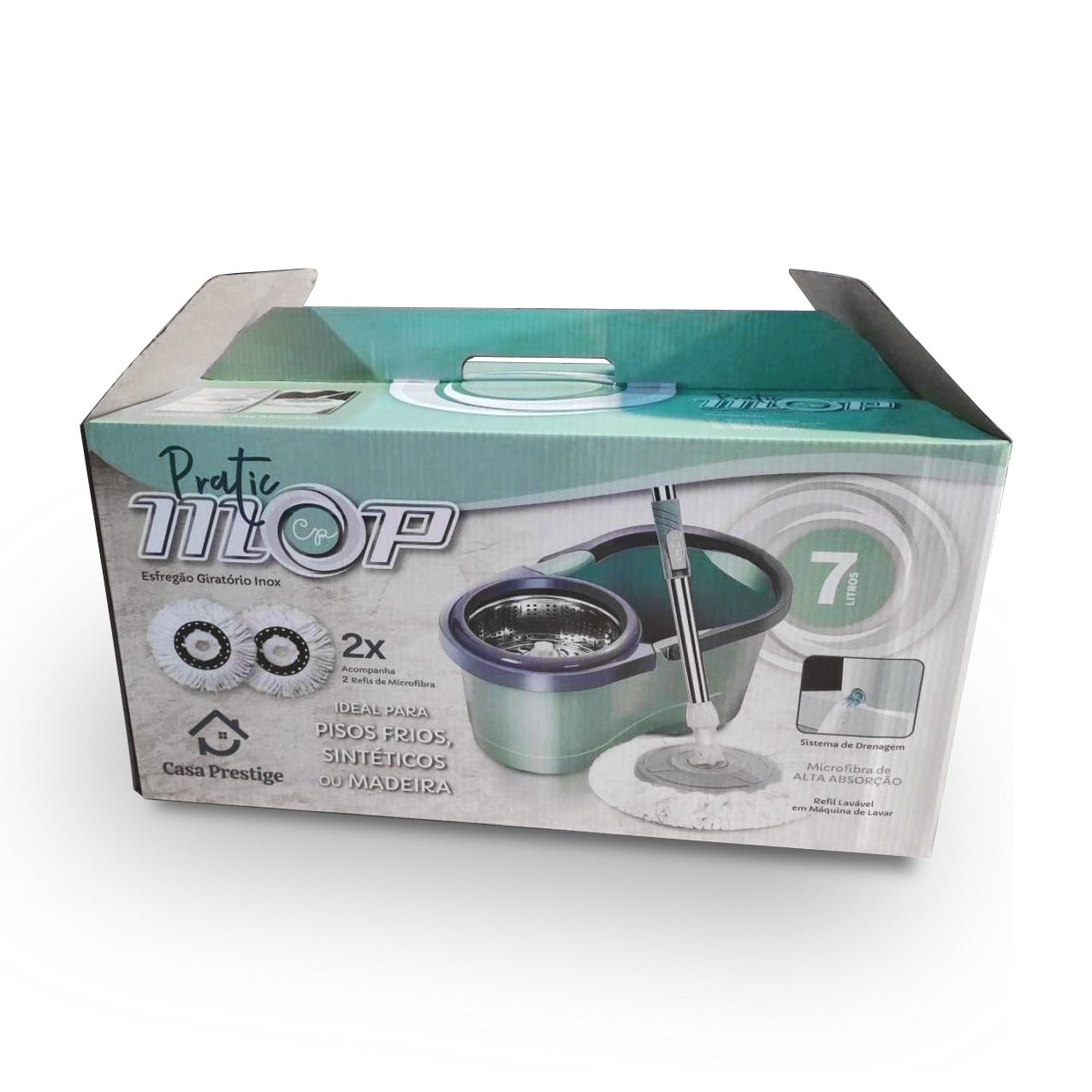 Esfregão Mop Inox Balde 7 litros Rodinhas e Refil Microfibra